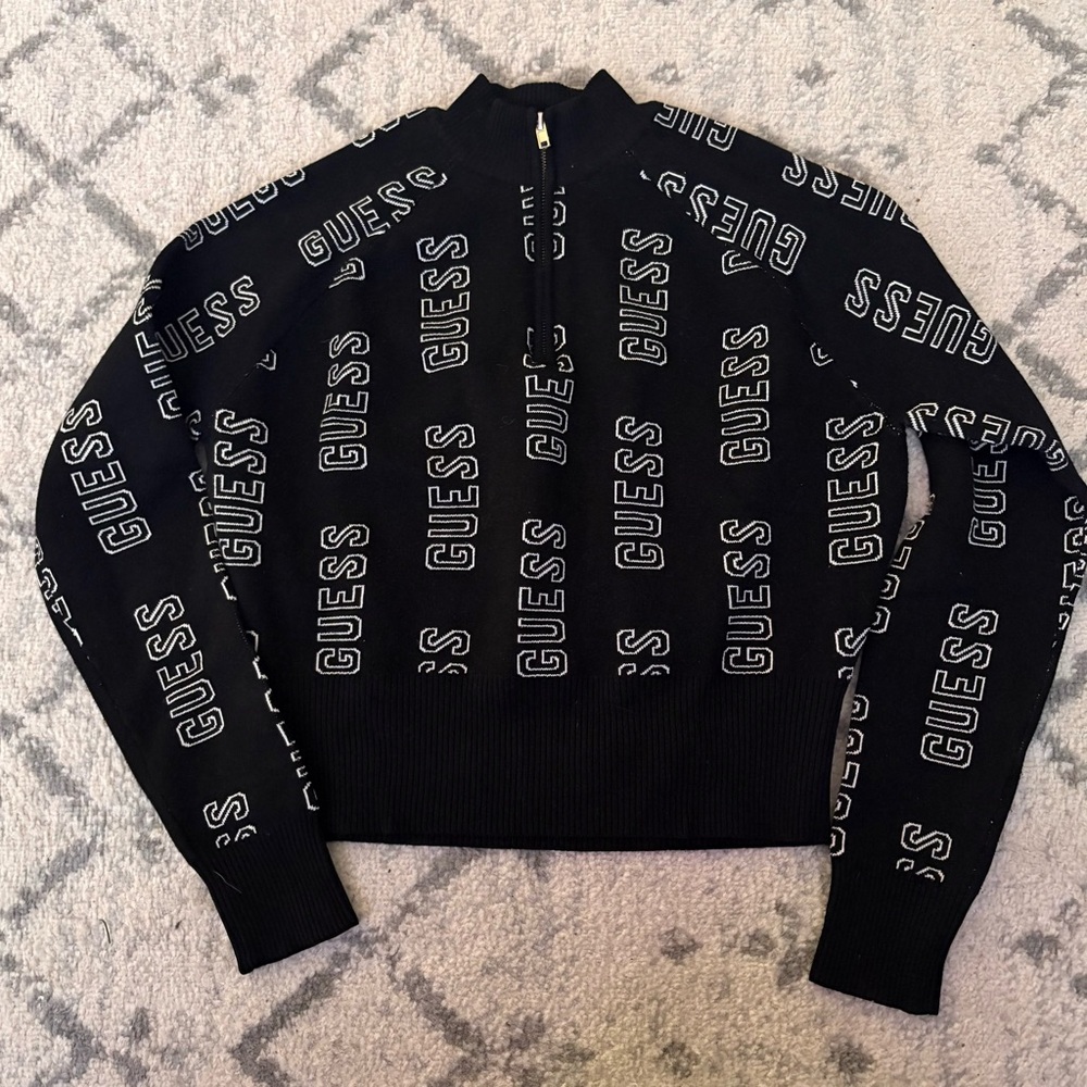 Guess Kally Half-Zip All Over Logo Crop Sweater Black Knit Pullover XL